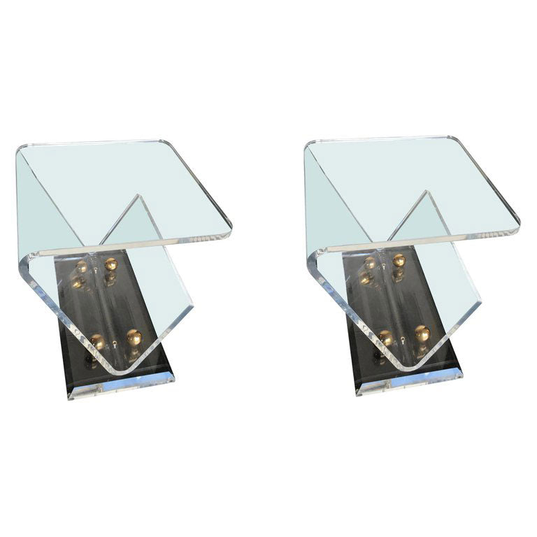 PAIR OF LUCITE AND BRASS SIDE TABLES WITH MAGAZINE RACKS