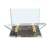 PAIR OF LUCITE AND BRASS SIDE TABLES WITH MAGAZINE RACKS
