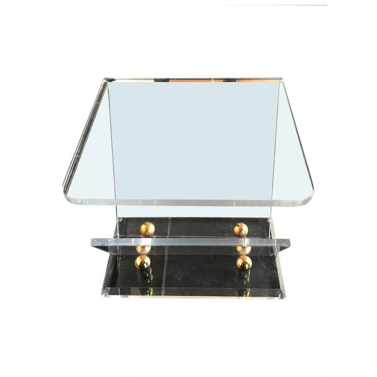 PAIR OF LUCITE AND BRASS SIDE TABLES WITH MAGAZINE RACKS