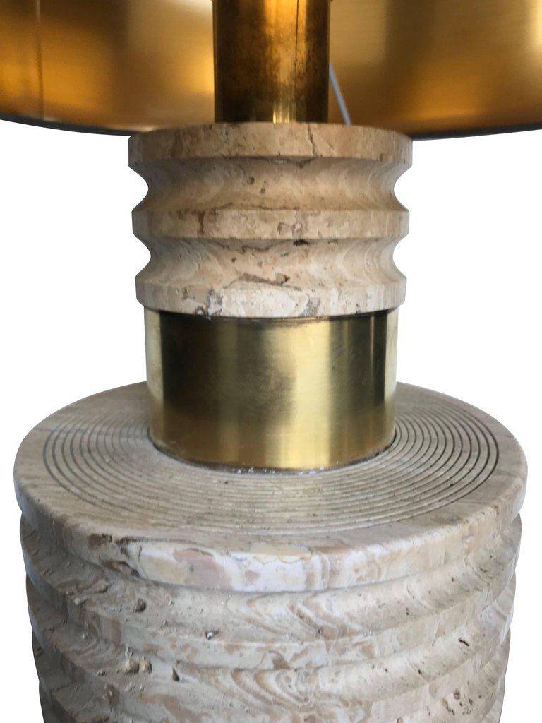 PAIR OF LARGE TRAVERTINE AND BRASS ITALIAN LAMPS