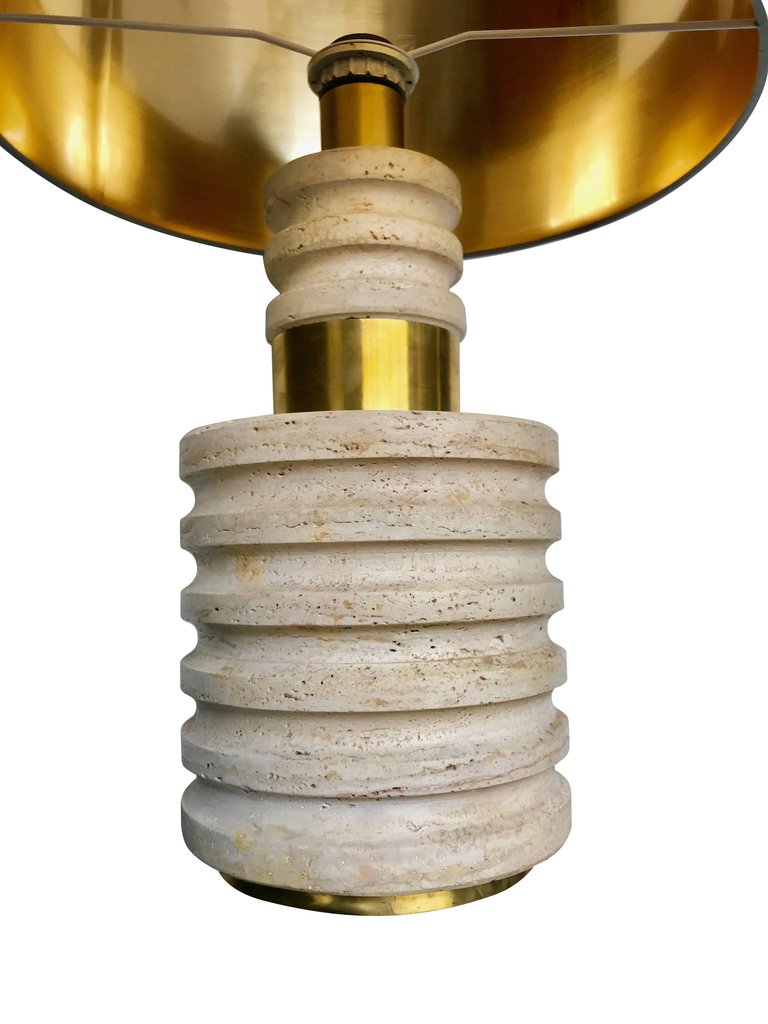 PAIR OF LARGE TRAVERTINE AND BRASS ITALIAN LAMPS