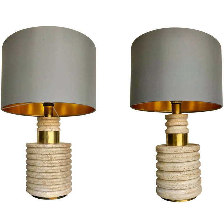 PAIR OF LARGE TRAVERTINE AND BRASS ITALIAN LAMPS