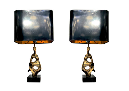 PAIR OF BRONZE ABSTRACT, SCULPTURAL LAMPS BY MICHEL JAUBERT