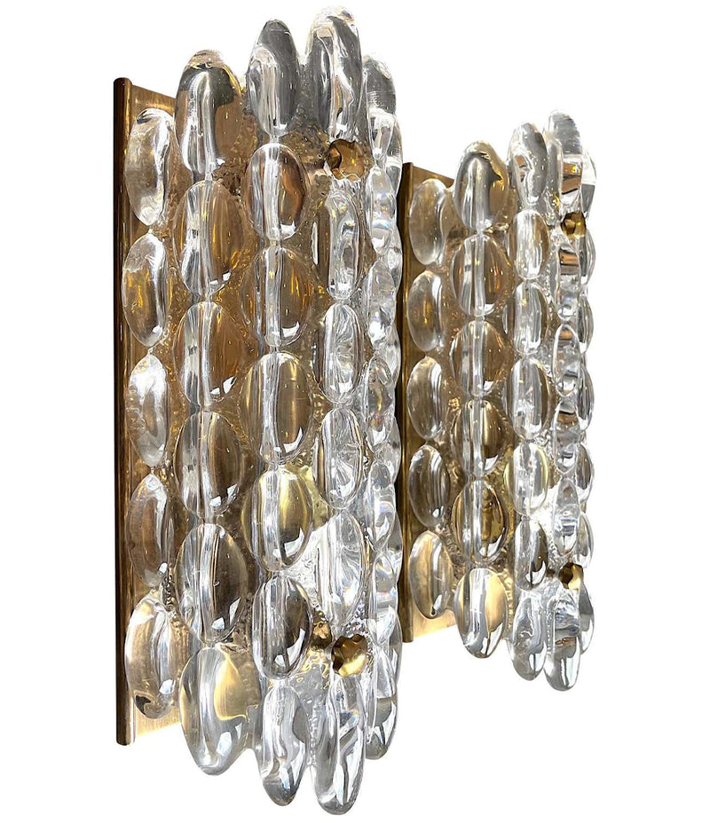 PAIR OF SWEDISH ORREFORS GLASS WALL SCONCES BY CARL FAGERLUND ON BRASS PLATES