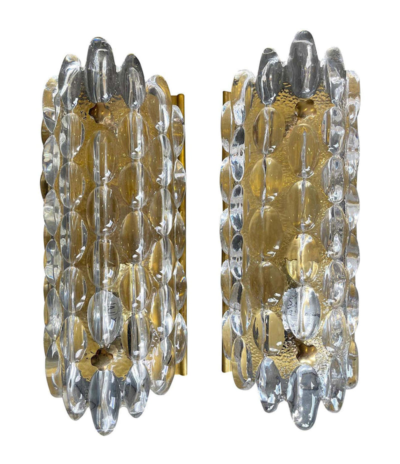 PAIR OF SWEDISH ORREFORS GLASS WALL SCONCES BY CARL FAGERLUND ON BRASS PLATES