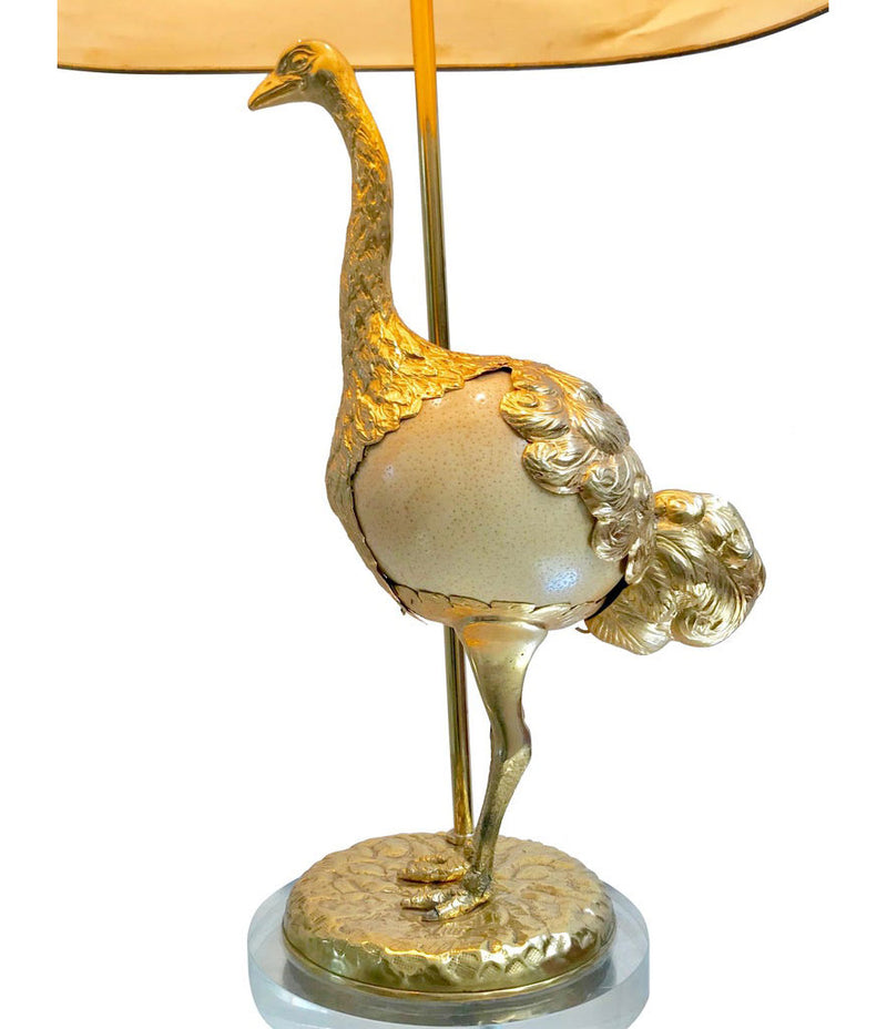 RARE GABRIELLA CRESPI GILT METAL "STRUZZO" LAMP WITH REAL OSTRICH EGG CENTRE