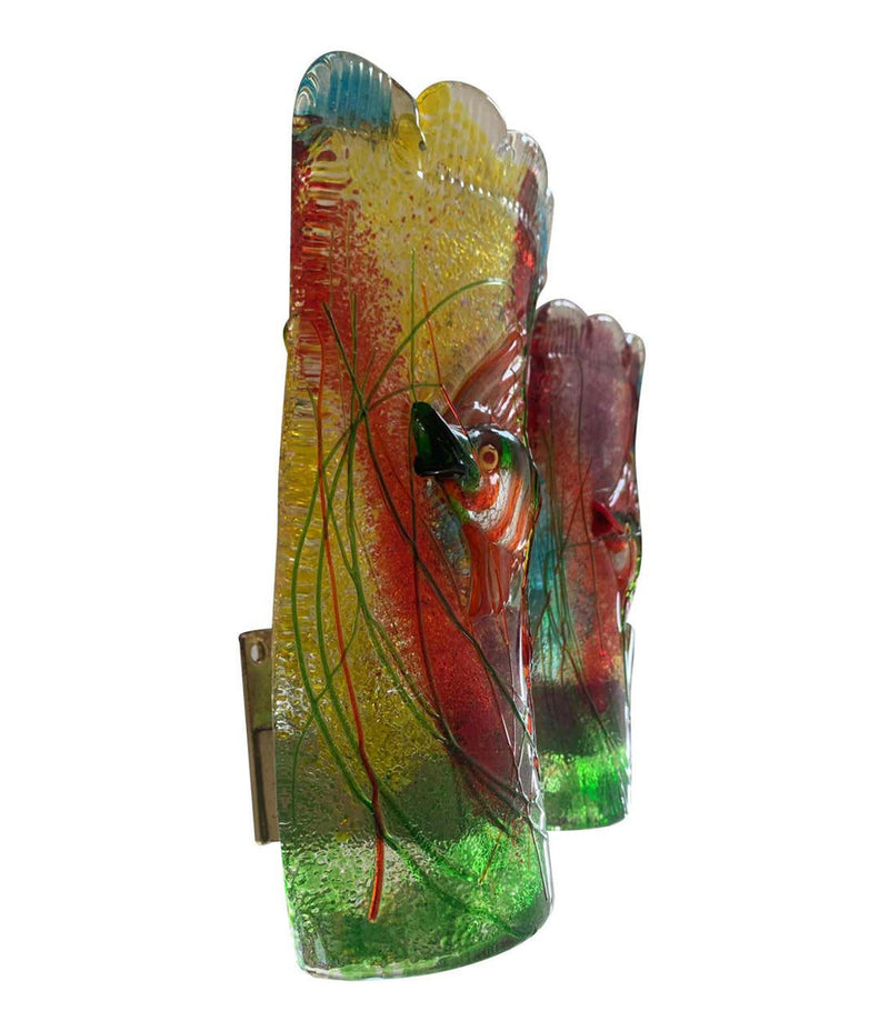 RARE PAIR OF 1950S MURANO GLASS AQUARIUM FISH WALL SCONCES BY ALFREDO BARBINI