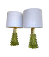 RARE PAIR OF BAROVIER & TOSO GREEN ROSTRATO GLASS LAMPS WITH BRASS FITTINGS