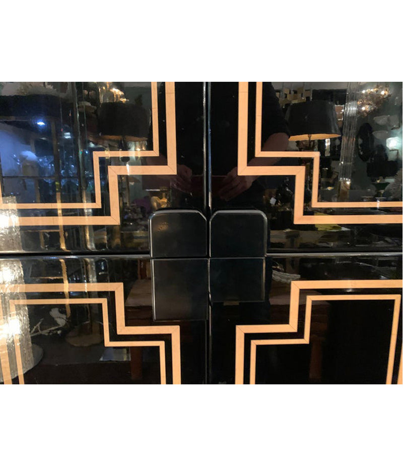 RARE 1970S BLACK LACQUER AND INLAY BAR CABINET BY PACO RABANNE