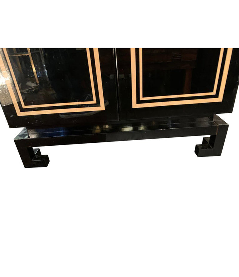 RARE 1970S BLACK LACQUER AND INLAY BAR CABINET BY PACO RABANNE