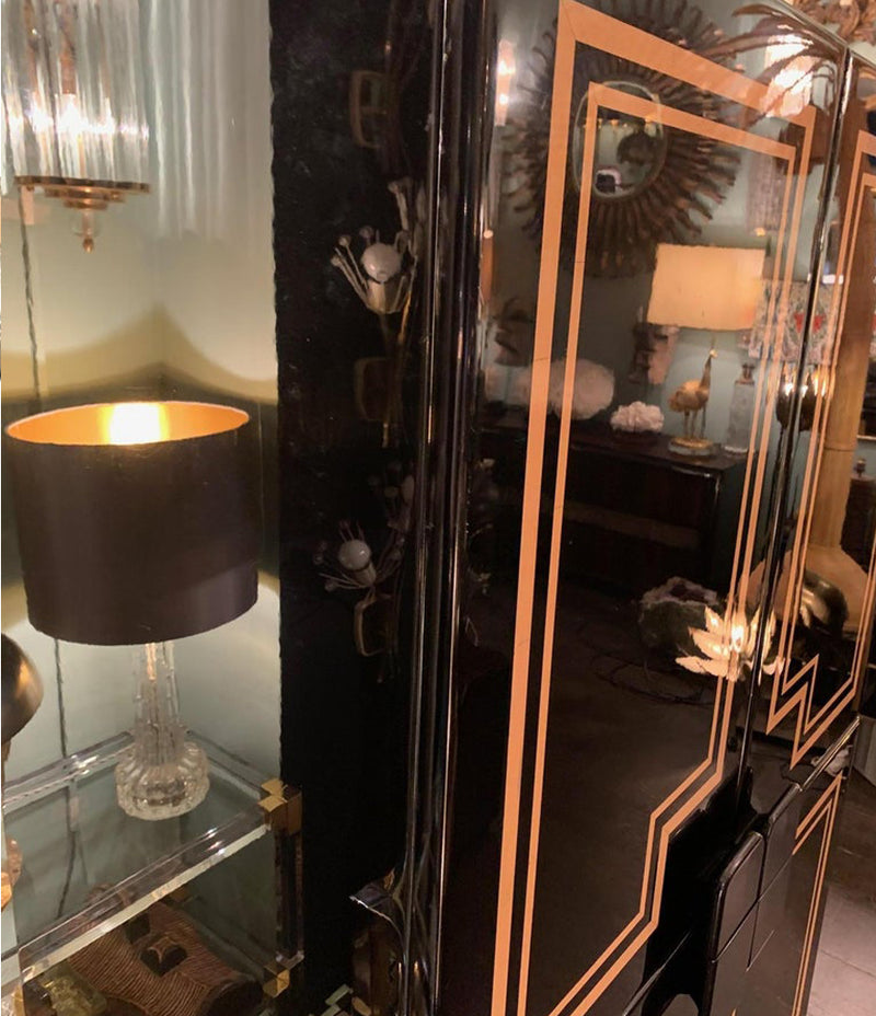 RARE 1970S BLACK LACQUER AND INLAY BAR CABINET BY PACO RABANNE
