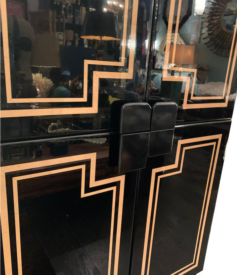 RARE 1970S BLACK LACQUER AND INLAY BAR CABINET BY PACO RABANNE