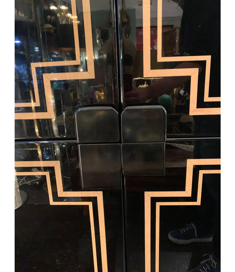RARE 1970S BLACK LACQUER AND INLAY BAR CABINET BY PACO RABANNE