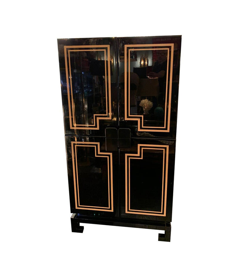 RARE 1970S BLACK LACQUER AND INLAY BAR CABINET BY PACO RABANNE