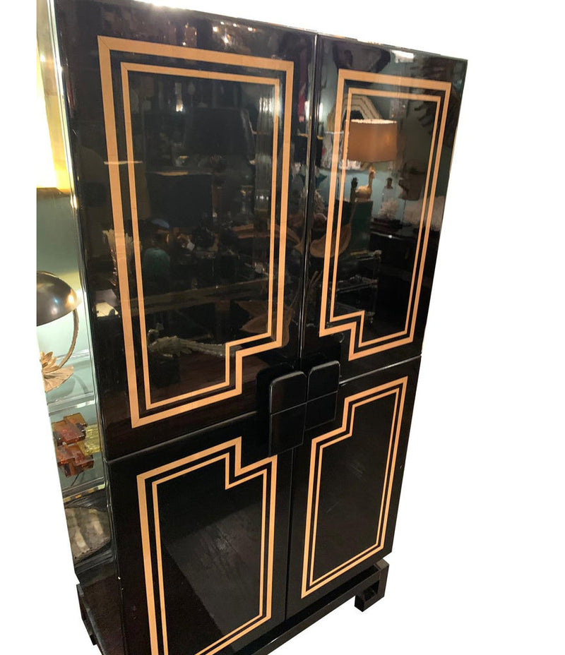 RARE 1970S BLACK LACQUER AND INLAY BAR CABINET BY PACO RABANNE