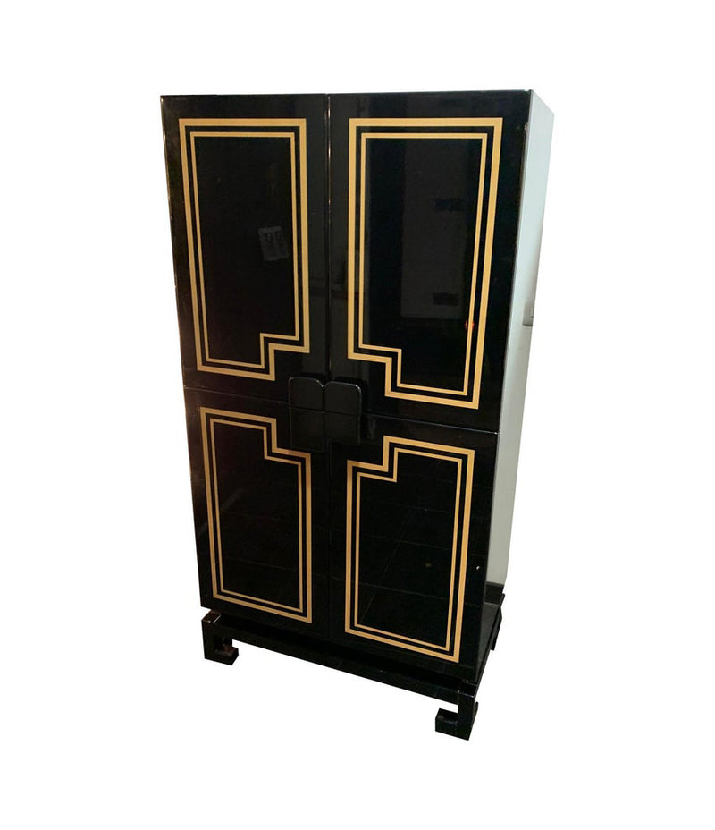 RARE 1970S BLACK LACQUER AND INLAY BAR CABINET BY PACO RABANNE