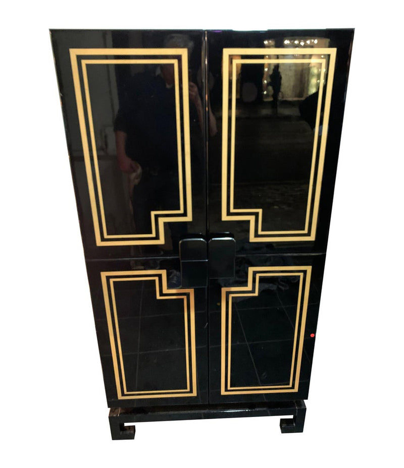 RARE 1970S BLACK LACQUER AND INLAY BAR CABINET BY PACO RABANNE