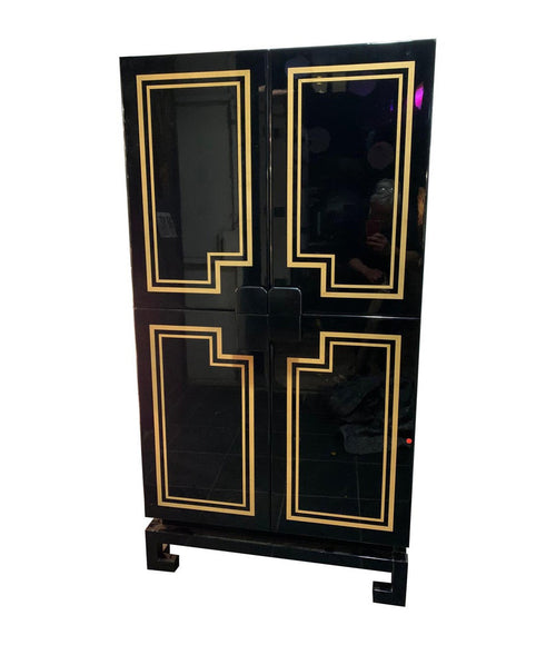 RARE 1970S BLACK LACQUER AND INLAY BAR CABINET BY PACO RABANNE