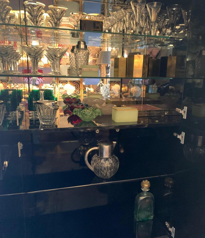 RARE 1970S BLACK LACQUER AND INLAY BAR CABINET BY PACO RABANNE