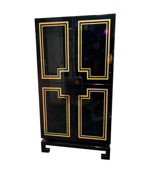 RARE 1970S BLACK LACQUER AND INLAY BAR CABINET BY PACO RABANNE