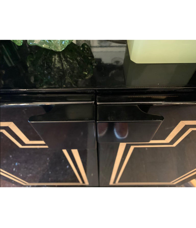 RARE 1970S BLACK LACQUER AND INLAY BAR CABINET BY PACO RABANNE