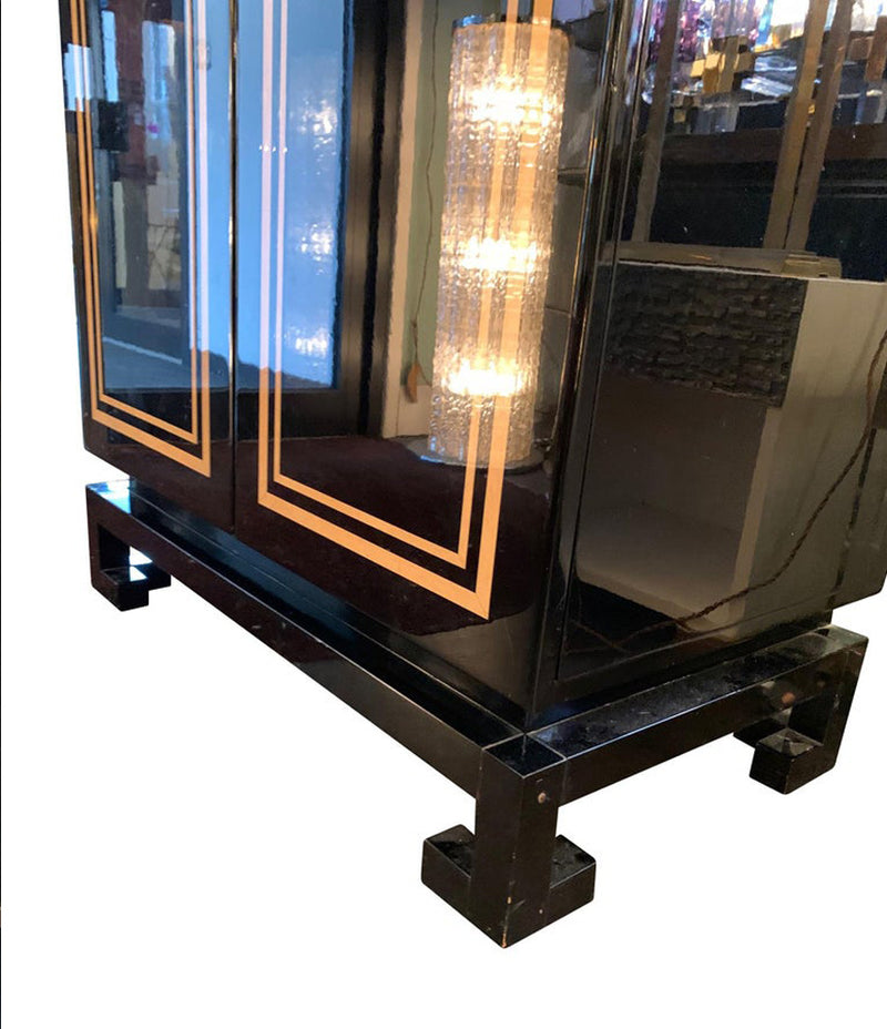 RARE 1970S BLACK LACQUER AND INLAY BAR CABINET BY PACO RABANNE