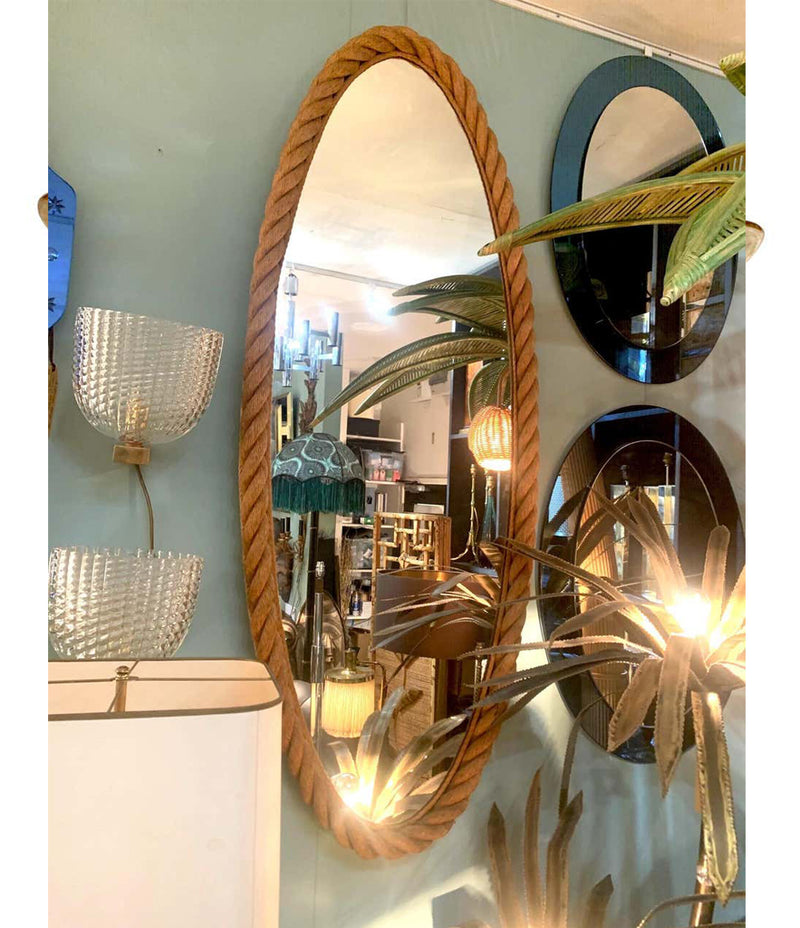 RARE PAIR OF LARGE 1950S FRENCH RIVIERA OVAL ROPE MIRRORS BY AUDOUX AND MINET