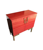 RED LACQUERED, 1970S BAR CABINET WITH BRASS CHINOISERIE DETAILING