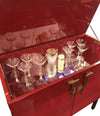 RED LACQUERED, 1970S BAR CABINET WITH BRASS CHINOISERIE DETAILING