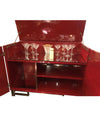 RED LACQUERED, 1970S BAR CABINET WITH BRASS CHINOISERIE DETAILING