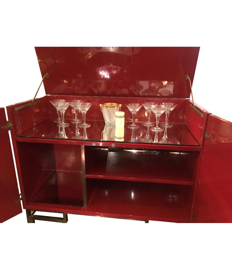 RED LACQUERED, 1970S BAR CABINET WITH BRASS CHINOISERIE DETAILING