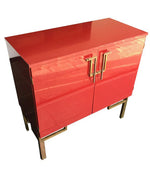RED LACQUERED, 1970S BAR CABINET WITH BRASS CHINOISERIE DETAILING