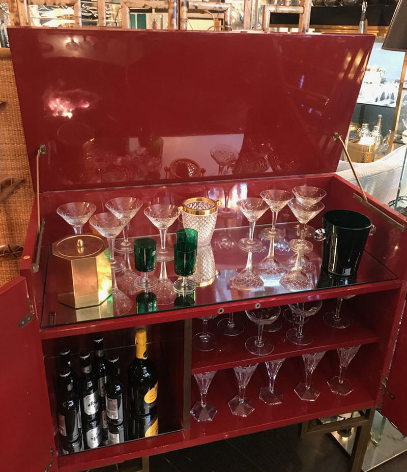 RED LACQUERED, 1970S BAR CABINET WITH BRASS CHINOISERIE DETAILING