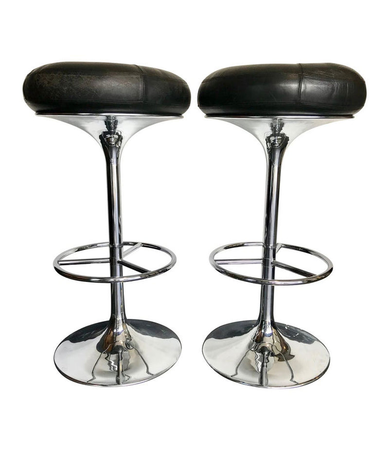 SET OF 4 1970S CHROME AND BLACK LEATHER BAR STOOLS BY JOHANSON DESIGN, SWEDEN