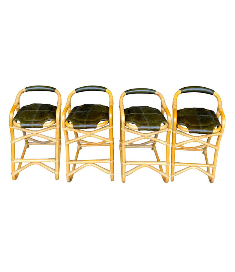 SET OF FOUR FRENCH RIVIERA BAMBOO BAR STOOLS WITH OLIVE GREEN LEATHER SEATS
