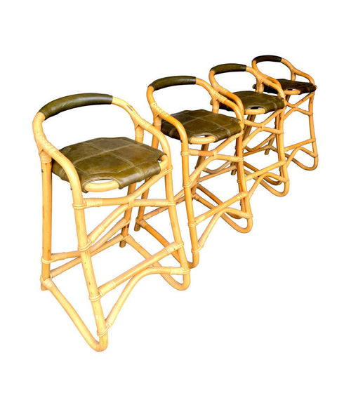 SET OF FOUR FRENCH RIVIERA BAMBOO BAR STOOLS WITH OLIVE GREEN LEATHER SEATS