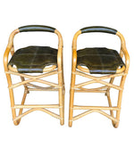 SET OF FOUR FRENCH RIVIERA BAMBOO BAR STOOLS WITH OLIVE GREEN LEATHER SEATS