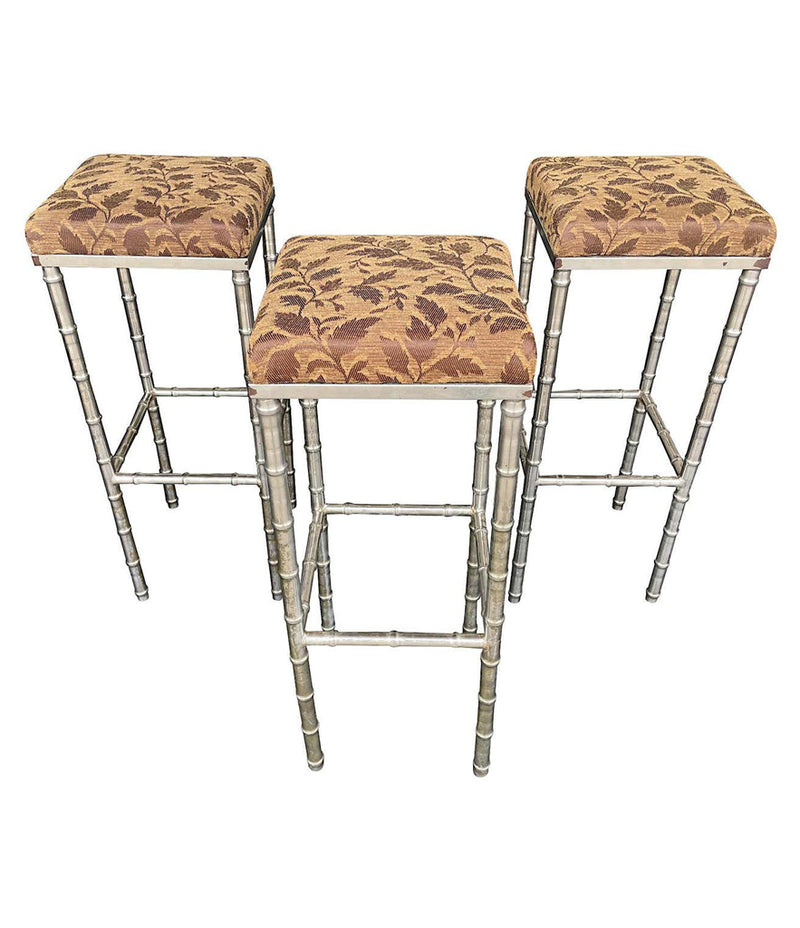 Set of 3 French 1960s Faux Bamboo Chrome Barstools - Mid Century Furniture - Ed Butcher Antiques