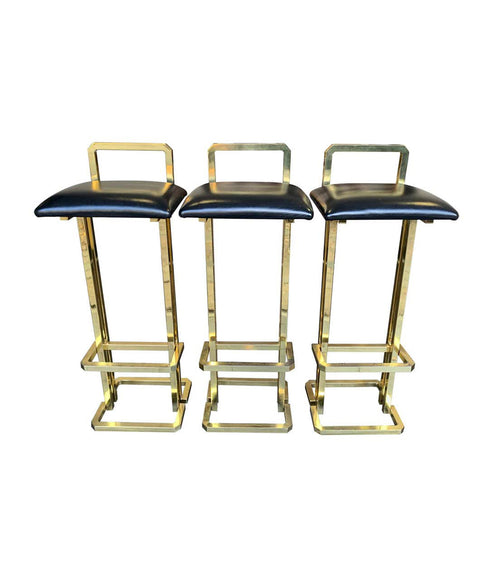 Set of 3 Maison Jansen style Gilt Metal Stools with Black Leather Seat Pads - Mid Century Furniture - Ed Butcher Antiques