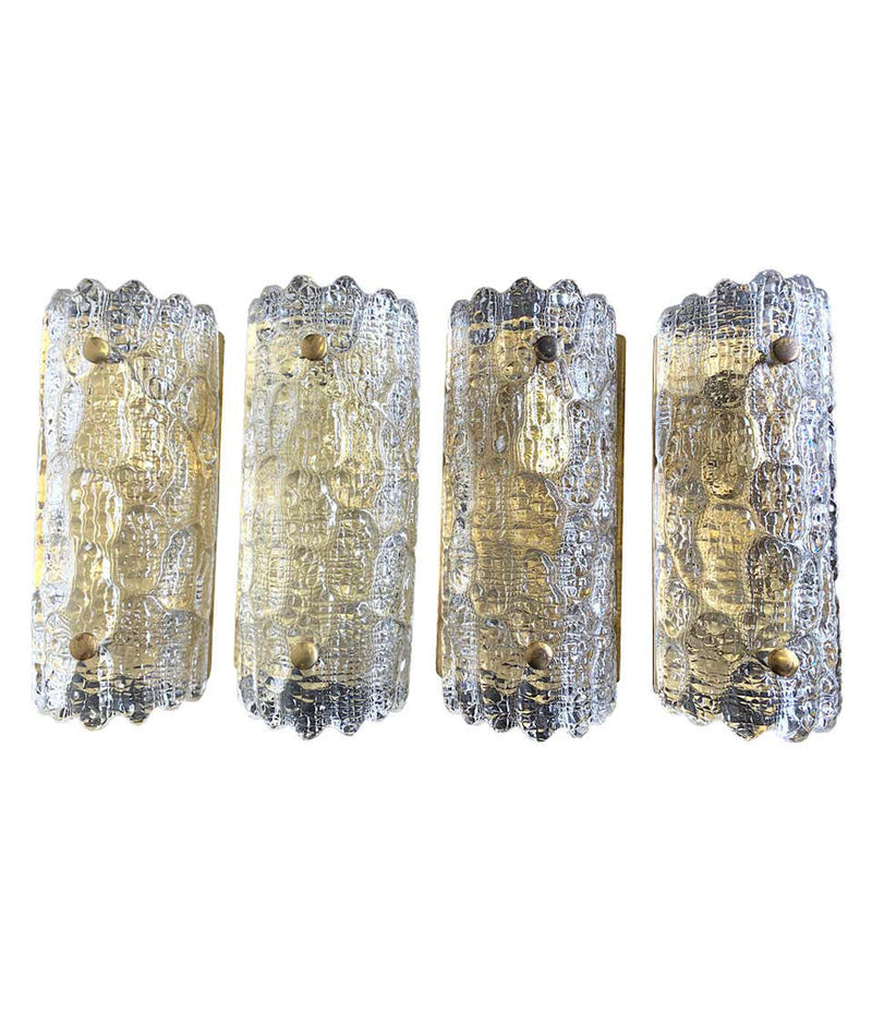 SET OF 4 ORREFORS GLASS WALL SCONCES WITH BRASS PLATES BY CARL FAGERLUND