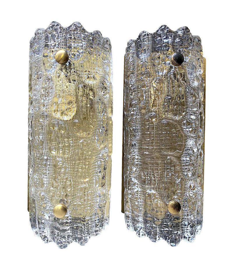 SET OF 4 ORREFORS GLASS WALL SCONCES WITH BRASS PLATES BY CARL FAGERLUND