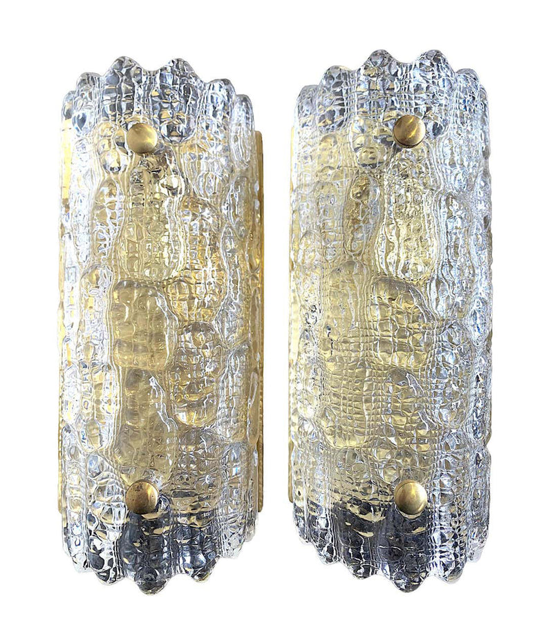 SET OF 4 ORREFORS GLASS WALL SCONCES WITH BRASS PLATES BY CARL FAGERLUND