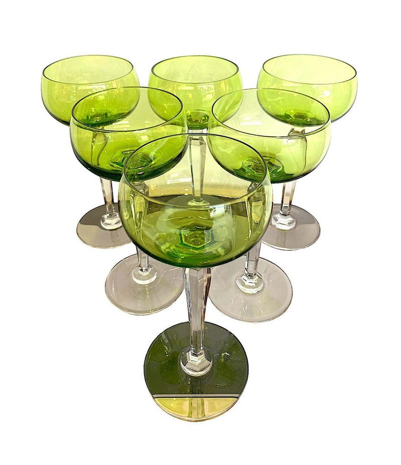 Set of Six Val Saint Lambert Green Crystal Hock Glasses -  Vintage Cocktail - Ed Butcher Antiques