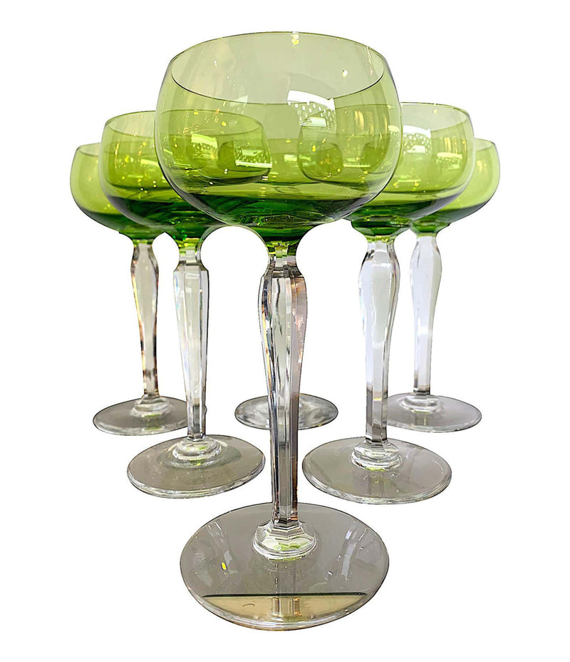 Set of Six Val Saint Lambert Green Crystal Hock Glasses -  Vintage Cocktail - Ed Butcher Antiques