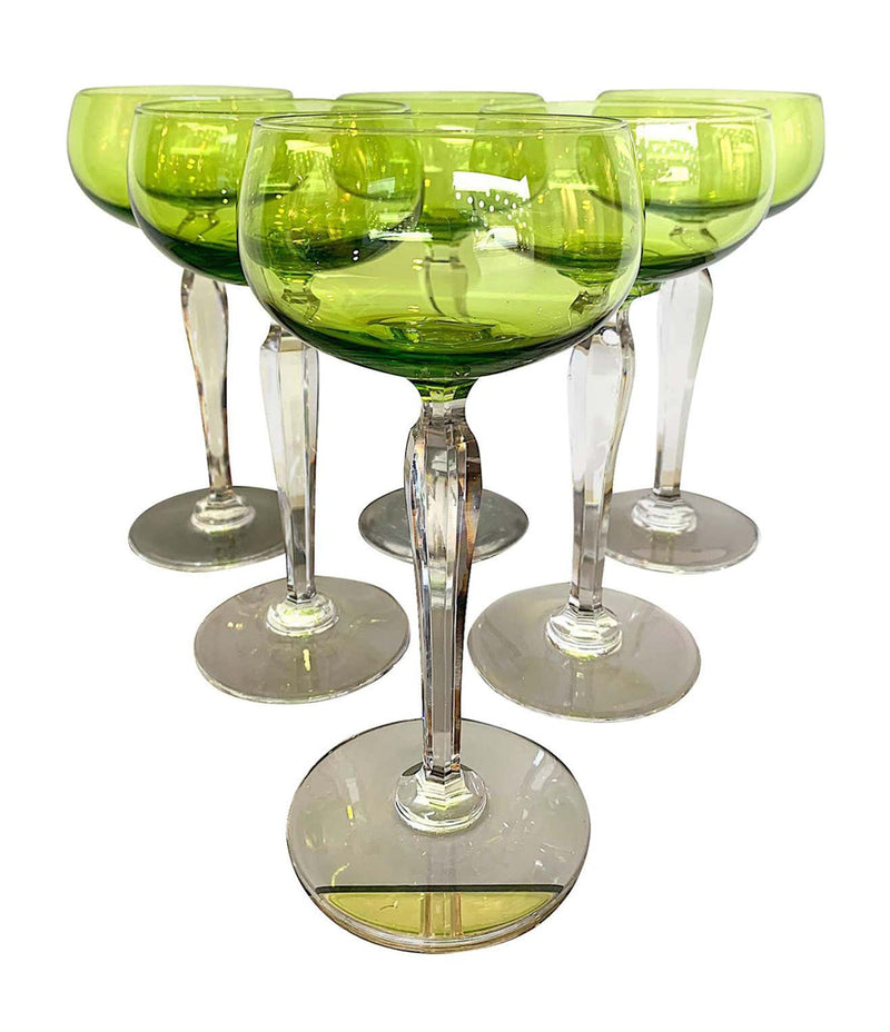 Set of Six Val Saint Lambert Green Crystal Hock Glasses -  Vintage Cocktail - Ed Butcher Antiques