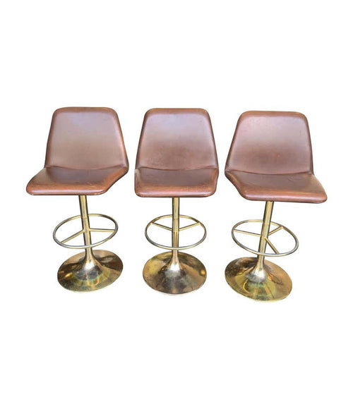 SET OF THREE 1970S SWIVEL BAR STOOLS BY JOHANSON DESIGN WITH GILT METAL BASES