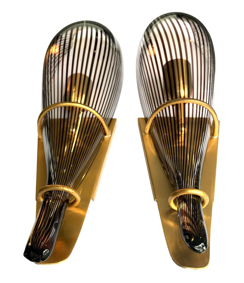 STUNNING LARGE PAIR OF LINO TAGLIAPIETRA MURANO GLASS AND BRASS WALL SCONCES