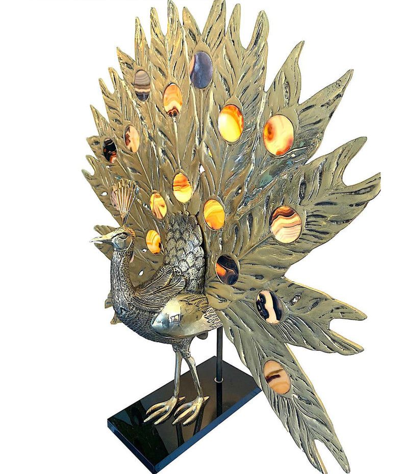 STUNNING RARE LARGE BRASS PEACOCK LAMP WITH AGATE BACKLIT TAIL BY FONDICA