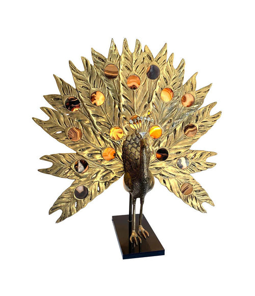 STUNNING RARE LARGE BRASS PEACOCK LAMP WITH AGATE BACKLIT TAIL BY FONDICA