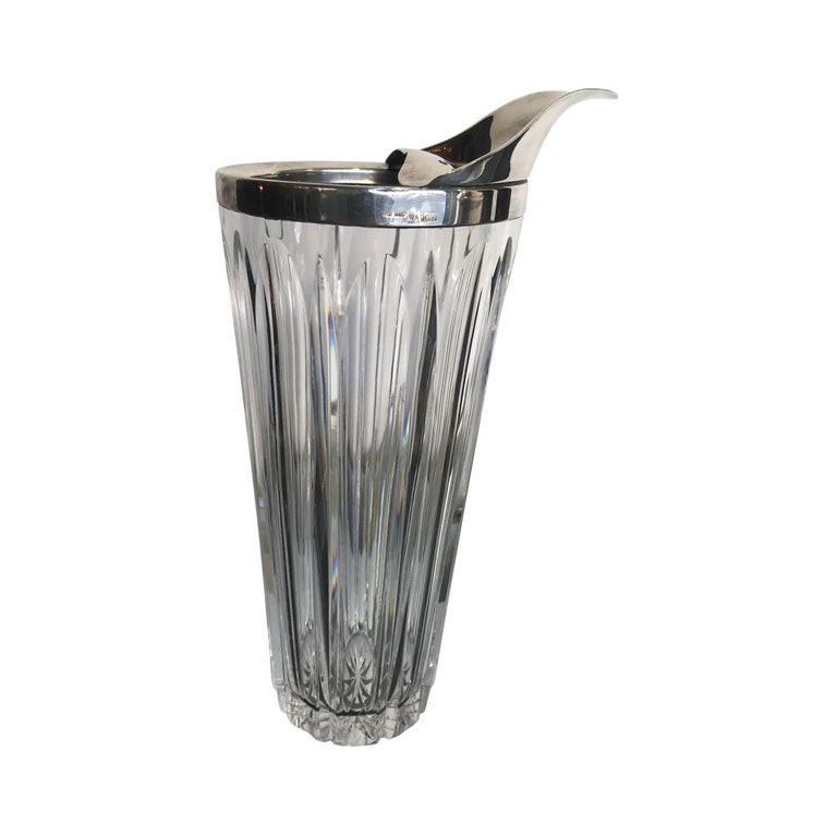 STYLISH FRENCH SILVER PLATED AND CRYSTAL COCKTAIL MIXING JUG AND MUDDLINGSPOON